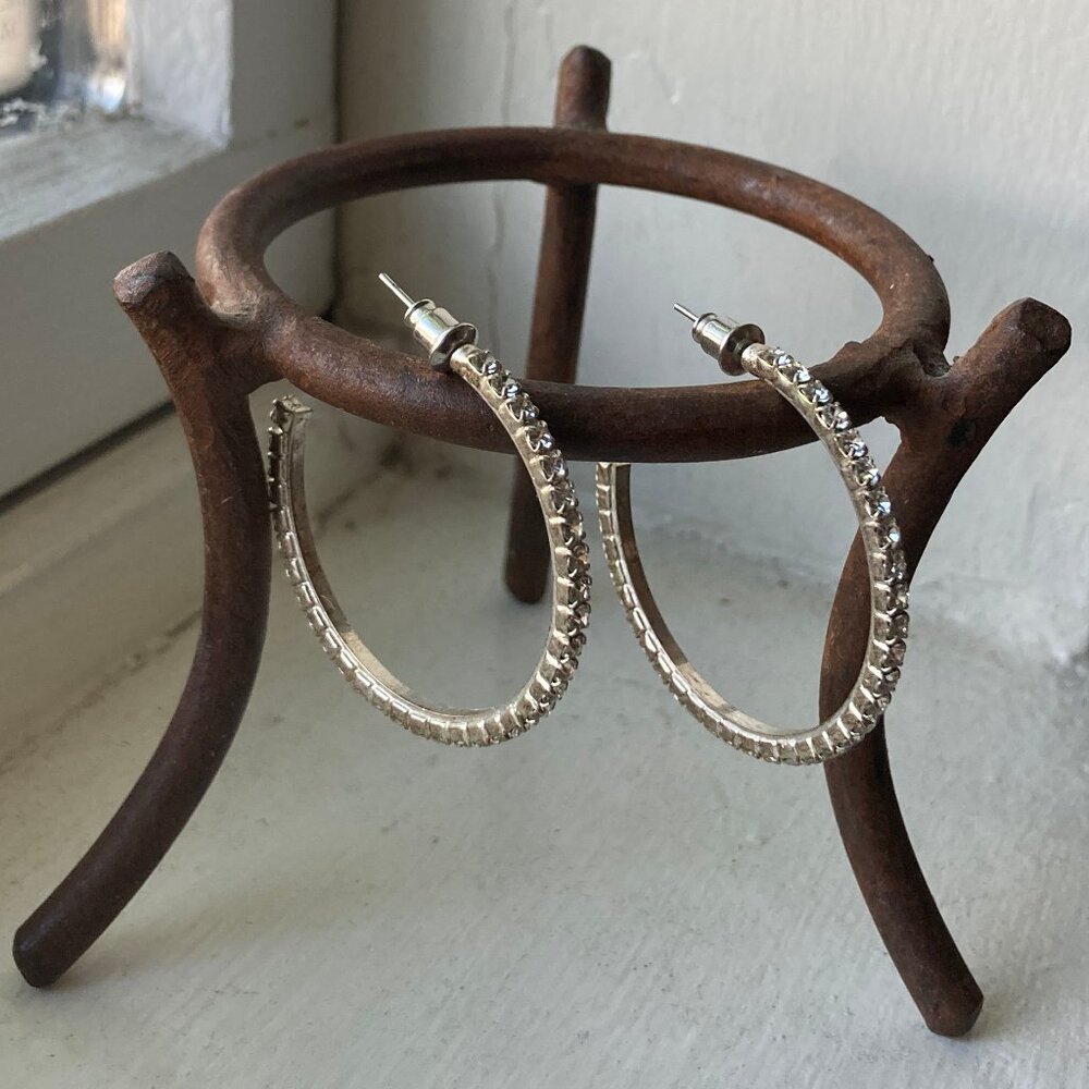 Silvertone Rhinestone Hoop Earrings - Picture 4 of 10